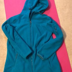 Hooded fleece, zip front jacket.